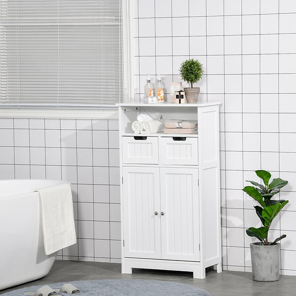 KLEANKIN - Meuble bas de salle de bain multi-rangements grande niche 2 tiroirs placard double porte avec étagère MDF blanc - large