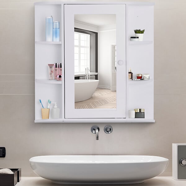 HOMCOM - Armoire murale salle de bain armoire à glace placard de rangement toilettes 1 porte + étagères latérales MDF blanc - large