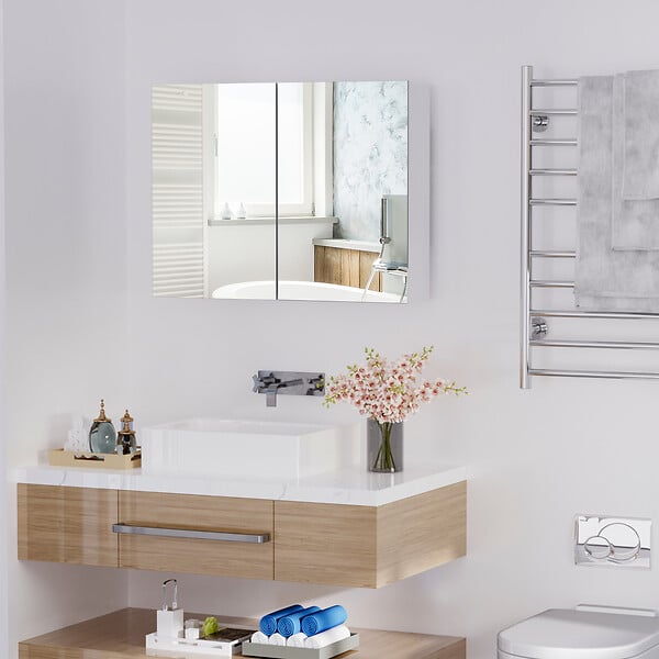 HOMCOM - Armoire miroir de salle de bain armoire murale double portes et étagères dim. 80L x 15l x 60H cm MDF blanc - large