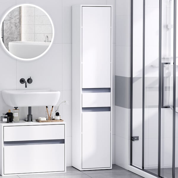 HOMCOM - Meuble colonne rangement salle de bain style contemporain 2 placards 3 étagères et tiroir coulissant panneaux particules blanc - large