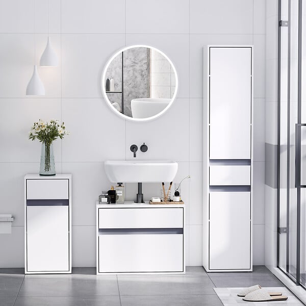 HOMCOM - Meuble colonne rangement salle de bain style contemporain 2 placards 3 étagères et tiroir coulissant panneaux particules blanc - large