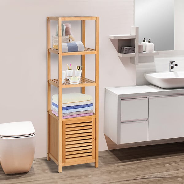 HOMCOM - Meuble colonne rangement salle de bain bambou design naturel 36L x 33l x 140H cm 2 étagères 4 niveaux + placard - large