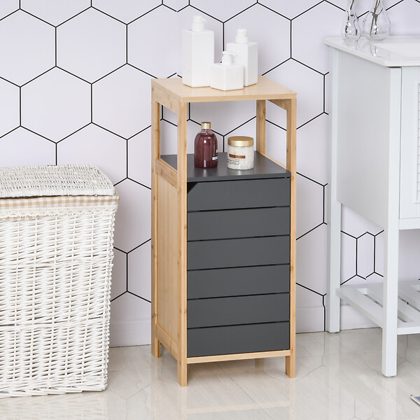 HOMCOM - Meuble colonne rangement salle de bain style cosy dim. 32L x 30l x 80H cm porte étagères niche bambou gris - large