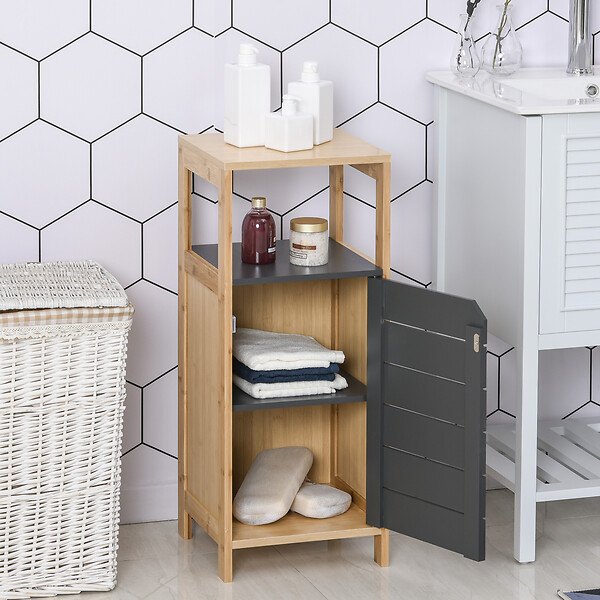 HOMCOM - Meuble colonne rangement salle de bain style cosy dim. 32L x 30l x 80H cm porte étagères niche bambou gris - large