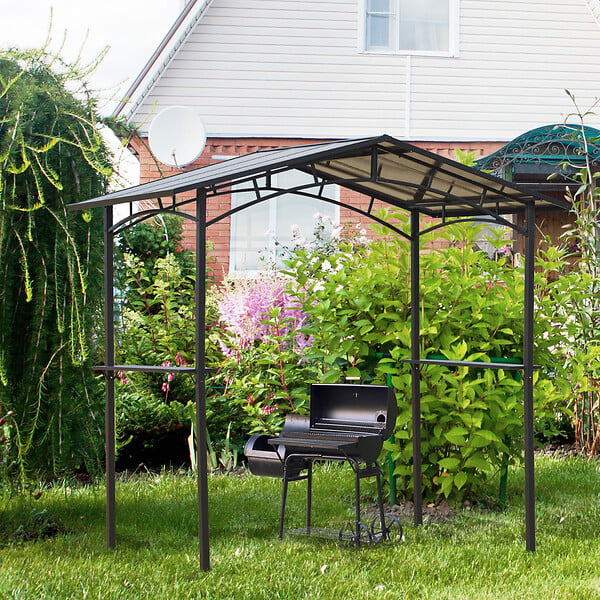 OUTSUNNY - Pavillon jardin - abri barbecue - steakhouse 2 étagères - toit de barbecue - dim. 2,46L x 1,49l x 2,30H m - alu. métal noir toit polycarbonate - large