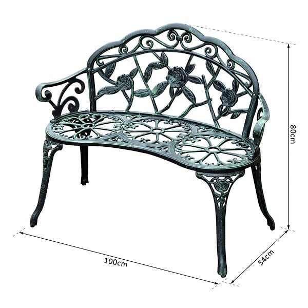 OUTSUNNY - Banc de jardin 2 places style néo-rétro motif rose lignes fuselées 100L x 54l x 78H cm fonte d'aluminium vert vieilli - large