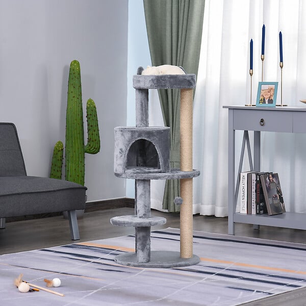PAWHUT - Arbre à chats multi-équipements griffoirs grattoirs plateformes niche jeu boule suspendue Ø 48 x 104H cm gris - large