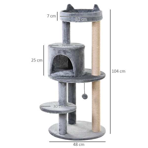 PAWHUT - Arbre à chats multi-équipements griffoirs grattoirs plateformes niche jeu boule suspendue Ø 48 x 104H cm gris - large