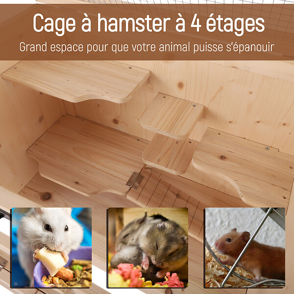 PAWHUT - Cage pour hamsters souris petits rongeurs multi-niveaux 5 étages 10 plateformes bois de pin 60 x 40 x 120 cm - large