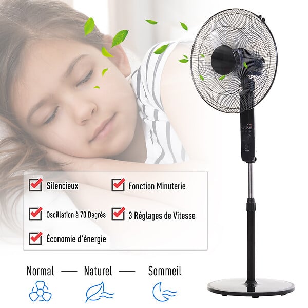 HOMCOM - Ventilateur sur pied Ø 44 cm hauteur réglable oscillant silencieux 45 W avec télécommande minuterie 3 modes 3 vitesses noir - large