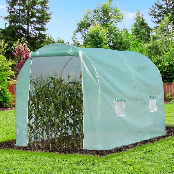 OUTSUNNY - Serre de jardin tunnel surface sol 6 m² 3L x 2l x 2,10H m châssis tubulaire renforcé porte zippée 4 fenêtres enroulables vert - large