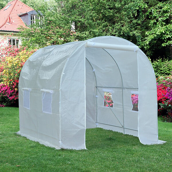 OUTSUNNY - Serre de jardin tunnel surface sol 5 m² 2,5L x 2l x 2H m châssis tubulaire renforcé 18 mm 4 fenêtres blanc - large