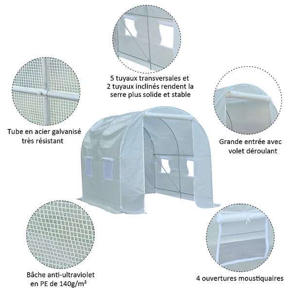 OUTSUNNY - Serre de jardin tunnel surface sol 5 m² 2,5L x 2l x 2H m châssis tubulaire renforcé 18 mm 4 fenêtres blanc - large