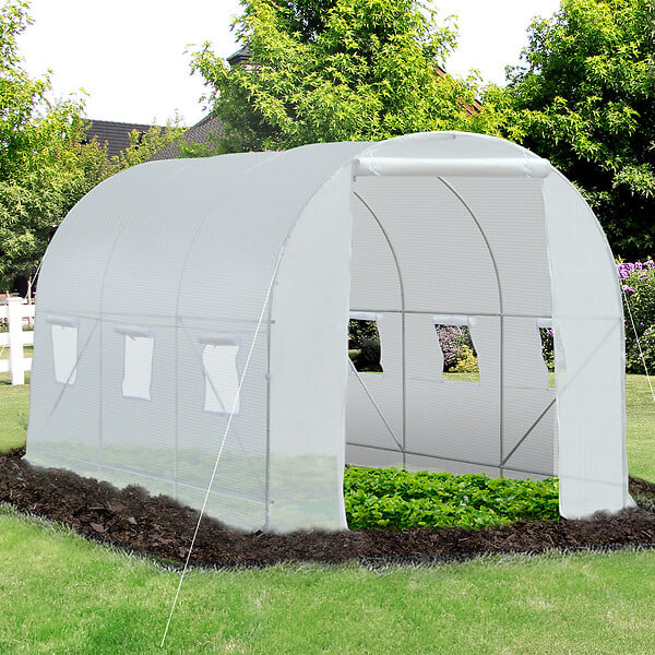 OUTSUNNY - Serre de jardin tunnel surface sol 7 m² 3,5L x 2l x 2H m châssis tubulaire renforcé 18 mm 6 fenêtres blanc - large