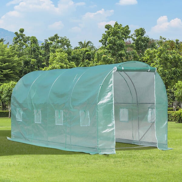 OUTSUNNY - Serre de jardin tunnel surface sol 10 m² 5L x 2l x 2,10H m châssis tubulaire renforcé porte zippée 8 fenêtres enroulables vert - large
