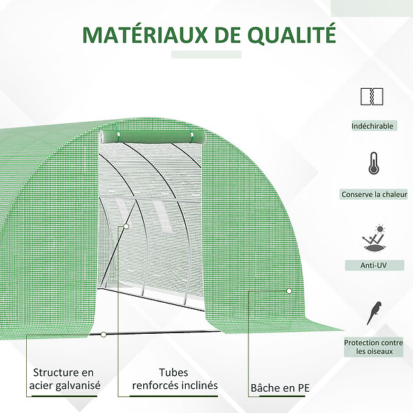 OUTSUNNY - Serre de jardin tunnel 18 mÂ² dim. 6L x 3l x 2H m - 8 fenêtres, porte zippée enroulable - châssis tubulaire acier galvanisé, bâche PE haute densité vert - large