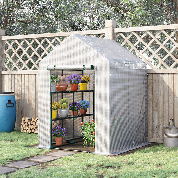 OUTSUNNY - Serre de jardin 2 tablettes dim. 1,43L x 1,43l x 1,95H m porte déroulante acier PE haute densité 140 g/m² transparent blanc - large