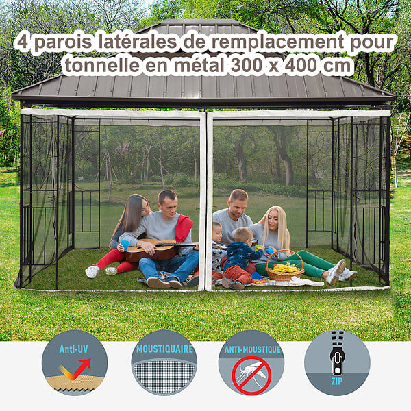 OUTSUNNY - Moustiquaires pour tonnelle barnum pavillon de jardin 3 x 4 m - lot de 4 moustiquaires zippées + crochets d'attaches - polyester nylon - large