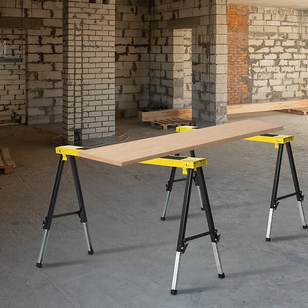 DURHAND - Lot de 2 tréteaux pliables telescopiques poignée transport dim. 100L x 49l x 62-89,5H cm surface antidérapante métal noir jaune - large