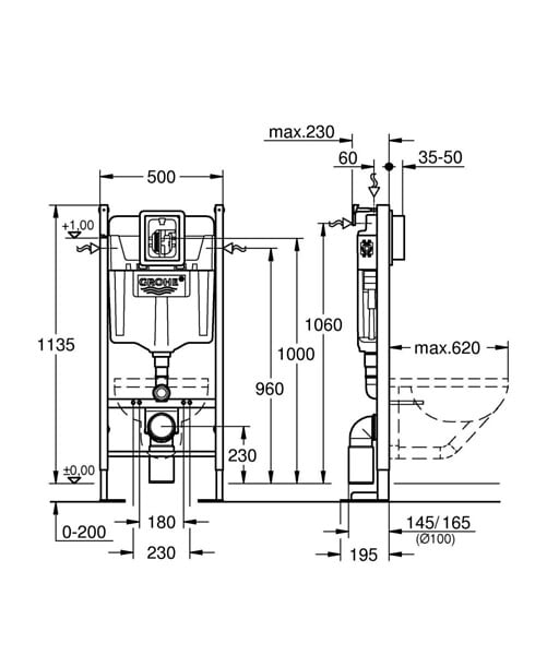 GROHE - Pack WC Bâti-autoportant Rapid SL + WC Infinitio sans bride noir mat + Abattant softclose + Plaque chrome - large