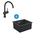 GROHE - Grohe Kit Evier Quartz Noir Granite K700 417 x 366mm + Mitigeur Minta Noir col de cygne pivotant à 360° (31653AP0-SET6) - vignette