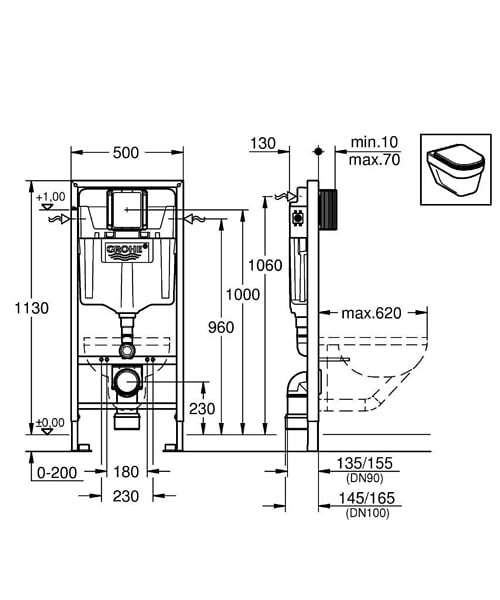 GROHE - Pack WC Bâti-support Rapid SL + Cuvette suspendue Cersanit S-line + Abattant + Plaque Chrome (GROHE-S-LinePro-1) - large