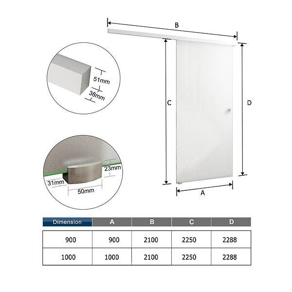 AICA SANITAIRE - AICA porte coulissante 100x225cm porte intérieure coulissante en verre sablé, porte intérieure avec un rail blanc - large