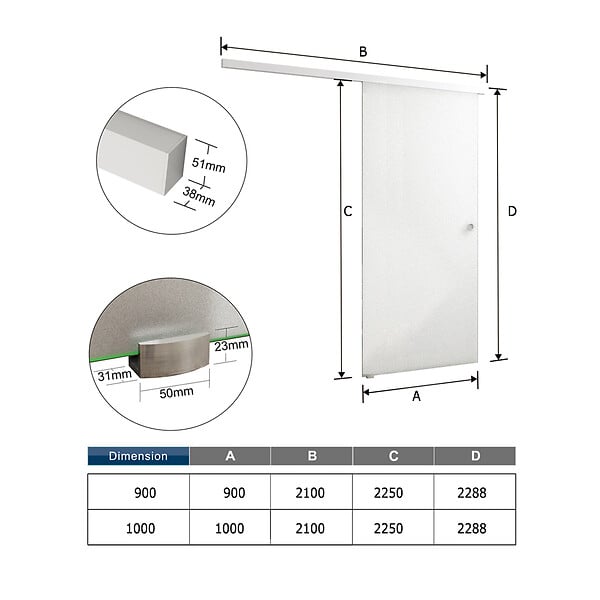 AICA SANITAIRE - AICA porte coulissante 90x225cm porte intérieure coulissante en verre sablé, porte intérieure avec un rail blanc - large