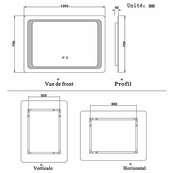 AICA SANITAIRE - Aica sanitaire Miroir salle de bain lumineux LED avec anti-buée et interrupteur tactile intégré 120x70cm - large