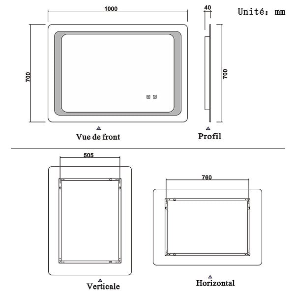 AICA SANITAIRE - Aica sanitaire Miroir salle de bain lumineux LED avec anti-buée et interrupteur tactile intégré 100x70cm - large