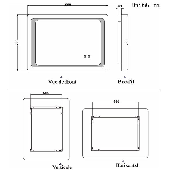 AICA SANITAIRE - Aica sanitaire Miroir salle de bain lumineux LED avec anti-buée et interrupteur tactile intégré 90x70cm - large