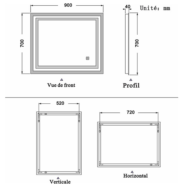 AICA SANITAIRE - Aica sanitaire Miroir simple de salle de bain lumineux LED avec anti-buée et interrupteur tactile intégré 90x70cm - large