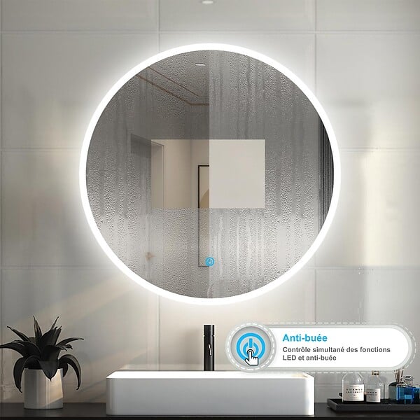 AICA SANITAIRE - AICA Miroir rond LED tactile anti-buée salle de bain suspendu vertical 60x60cm - large