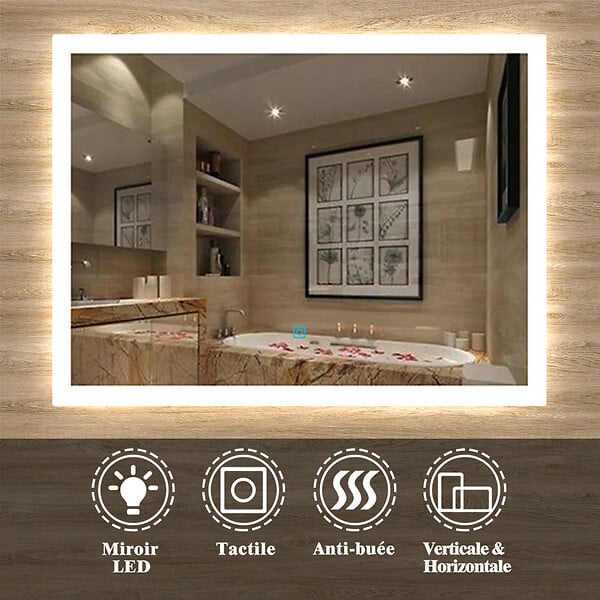 AICA SANITAIRE - Aica sanitaire 120x70cm Miroir de salle de bain lumineux LED avec anti-buée et interrupteur tactile intégré - large