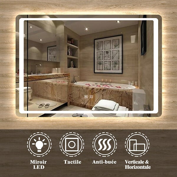 AICA SANITAIRE - Aica sanitaire Miroir salle de bain lumineux LED avec anti-buée et interrupteur tactile intégré 80x60cm - large
