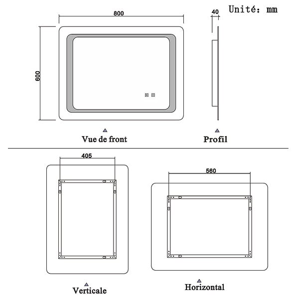 AICA SANITAIRE - Aica sanitaire Miroir salle de bain lumineux LED avec anti-buée et interrupteur tactile intégré 80x60cm - large