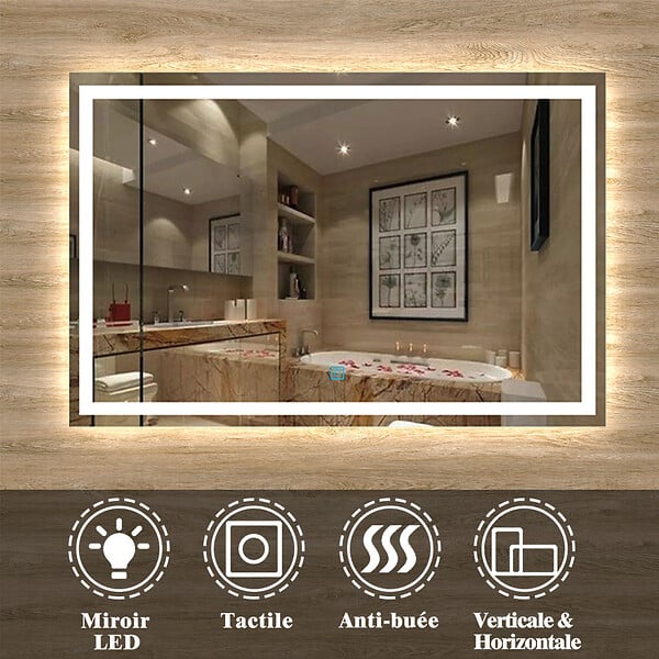 AICA SANITAIRE - Aica sanitaire Miroir de salle de bain lumineux LED avec anti-buée et interrupteur tactile intégré 110x70cm - large