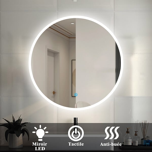 AICA SANITAIRE - AICA Miroir rond LED tactile anti-buée salle de bain suspendu vertical 70x70cm - large