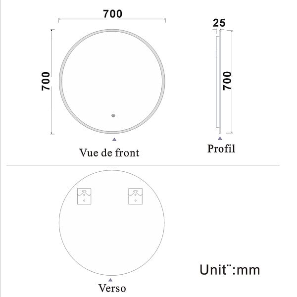 AICA SANITAIRE - AICA Miroir rond LED tactile anti-buée salle de bain suspendu vertical 70x70cm - large