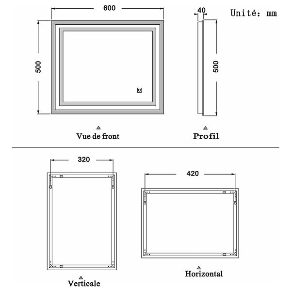 AICA SANITAIRE - Aica sanitaire 60x50cm Miroir de salle de bain lumineux LED avec anti-buée et interrupteur tactile intégré - large