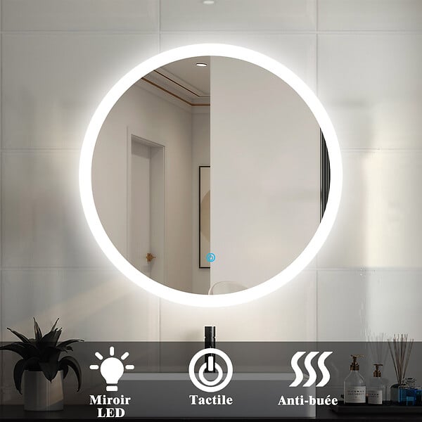 AICA SANITAIRE - AICA Miroir de salle de bain rond LED touchable et anti-buée suspendu vertical 60x60cm - large