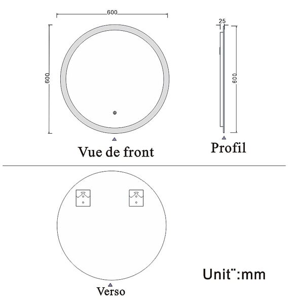 AICA SANITAIRE - AICA Miroir de salle de bain rond LED touchable et anti-buée suspendu vertical 60x60cm - large