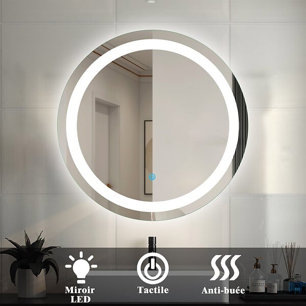 AICA SANITAIRE - AICA Miroir de Salle de Bain LED Rond Anti-Buée et Tactile Suspendu Vertical 60x60cm - large