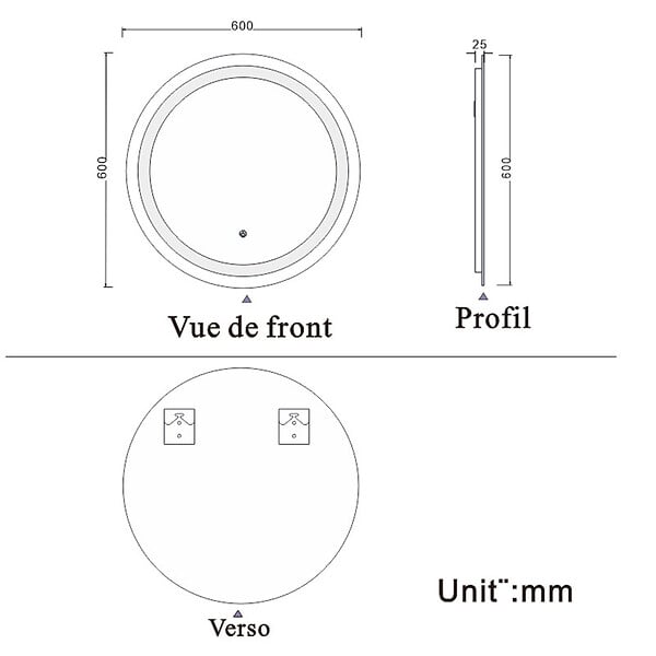 AICA SANITAIRE - AICA Miroir de Salle de Bain LED Rond Anti-Buée et Tactile Suspendu Vertical 60x60cm - large