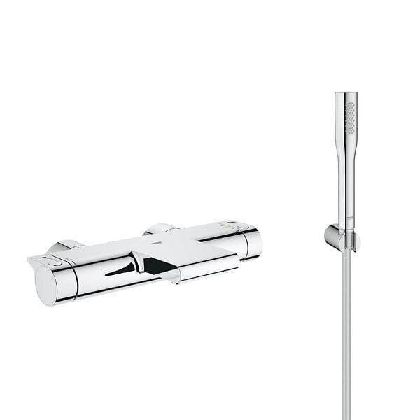 GROHE - Grohtherm 2000 Set mitigeur thermostatique bain/douche + Douchette 1 jet + Flexible et support mural, Chrome (34174001-Euphoria) - large