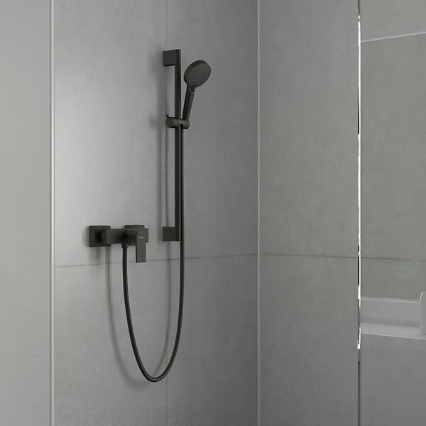 HANSGROHE - Vernis Shape Set de douche avec Mitigeur de douche + Douchette à main 2 jets + Barre 65cm, Noir mat (71650670-Vernis) - large