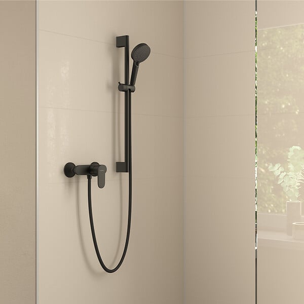 HANSGROHE - Vernis Blend Set de douche avec mitigeur + Douchette à main 2 jets + Barre de douche 65 cm, Noir mat (71640670-Vernis) - large