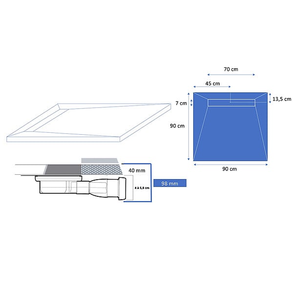 U-TILE - Receveur de douche à carreler caniveau 90 x 90 cm - large