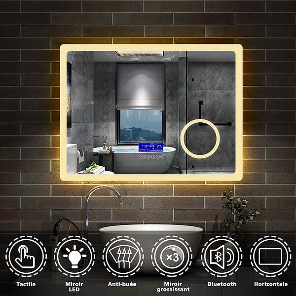 AICA SANITAIRE - AICA Miroir simple de salle de bain tricolore réglable LED avec bluetooth, anti-buée et miroir grossissant,horizontal 100*60cm - large