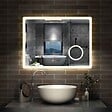 AICA SANITAIRE - AICA Miroir salle de bain à horloge LED tricolore réglable avec miroir anti-buée et grossissant,horizontal 80*60cm - vignette